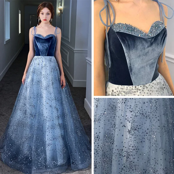 Snygga / Fina Ocean Blå Aftonklänningar 2020 Prinsessa Spaghettiband Ärmlös Beading Glittriga / Glitter Paljetter Tyll Svep Tåg Ruffle Halterneck Formella Klänningar
