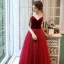 Chic / Belle Bordeaux Robe De Soirée 2020 Princesse Perlage Bretelles Spaghetti Sans Manches Longue Volants Dos Nu Robe De Ceremonie