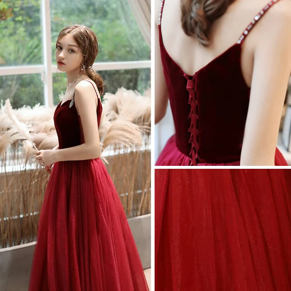 Chic / Belle Bordeaux Robe De Soirée 2020 Princesse Perlage Bretelles Spaghetti Sans Manches Longue Volants Dos Nu Robe De Ceremonie