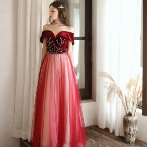 Chic Belle Rouge Daim Robe De Soirée 2020 Princesse De L Épaule Manches Courtes Perlage Glitter Tulle Longue Volants Dos Nu Robe De Ceremonie