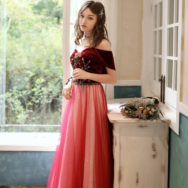 Chic / Beautiful Red Suede Evening Dresses  2020 A-Line / Princess Off-The-Shoulder Short Sleeve Beading Glitter Tulle Floor-Length / Long Ruffle Backless Formal Dresses