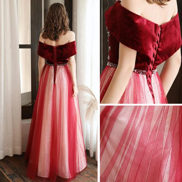 Chic / Beautiful Red Suede Evening Dresses  2020 A-Line / Princess Off-The-Shoulder Short Sleeve Beading Glitter Tulle Floor-Length / Long Ruffle Backless Formal Dresses