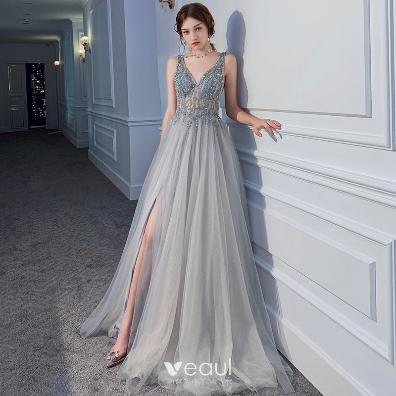 Luxury / Gorgeous Burgundy See-through Evening Dresses 2019 A-Line /  Princess High Neck Sleeveless Sequins Beading Glitter Tulle Floor-Length /  Long Ruffle Backless Formal Dresses