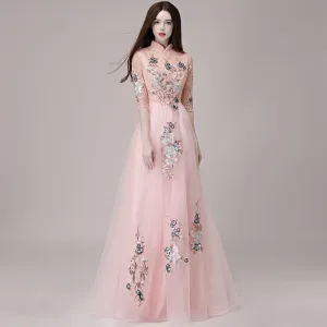 Chinese Style Pearl Pink Evening Dresses 2018 A Line Princess High Neck 1 2 Sleeves Appliques Lace Floor Length Long Ruffle Formal Dresses