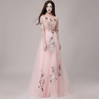 Chinese Style Pearl Pink Evening Dresses 2018 A Line Princess High Neck 1 2 Sleeves Appliques Lace Floor Length Long Ruffle Formal Dresses