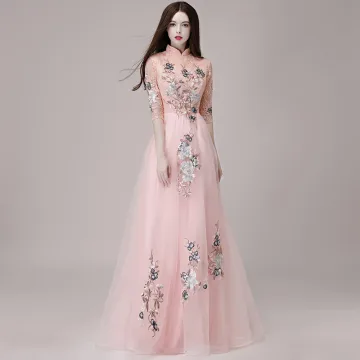 Style Chinois Perle Rose Robe De Soirée 2018 Princesse Col Haut 1 2 Manches Appliques En Dentelle Longue Volants Robe De Ceremonie