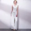 Elegant Ivory Jumpsuit 2019 V-Neck Sleeveless Sash Floor-Length / Long Evening Dresses
