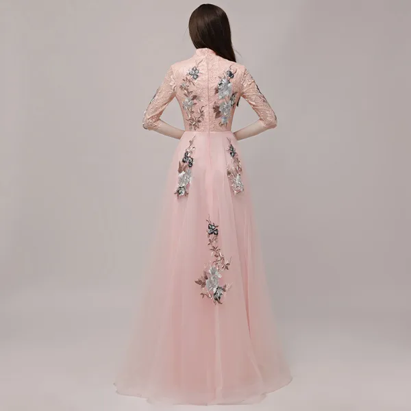 Chinese style Pearl Pink Evening Dresses  2018 A-Line / Princess High Neck 1/2 Sleeves Appliques Lace Floor-Length / Long Ruffle Formal Dresses