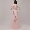 Chinese style Pearl Pink Evening Dresses  2018 A-Line / Princess High Neck 1/2 Sleeves Appliques Lace Floor-Length / Long Ruffle Formal Dresses