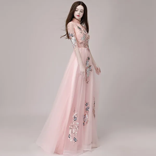 Chinese style Pearl Pink Evening Dresses  2018 A-Line / Princess High Neck 1/2 Sleeves Appliques Lace Floor-Length / Long Ruffle Formal Dresses
