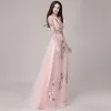 Estilo Chino Perla Rosada Vestidos de noche 2018 A-Line / Princess Cuello Alto 1/2 Ærmer Apliques Con Encaje Largos Ruffle Vestidos Formales