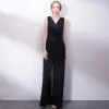 Elegant Ivory Jumpsuit 2019 V-Neck Sleeveless Sash Floor-Length / Long Evening Dresses