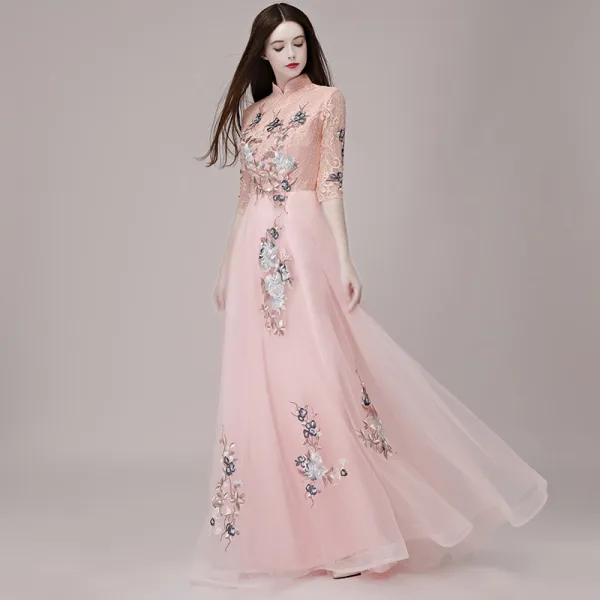 Chinese style Pearl Pink Evening Dresses  2018 A-Line / Princess High Neck 1/2 Sleeves Appliques Lace Floor-Length / Long Ruffle Formal Dresses