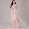 Chinese style Pearl Pink Evening Dresses  2018 A-Line / Princess High Neck 1/2 Sleeves Appliques Lace Floor-Length / Long Ruffle Formal Dresses