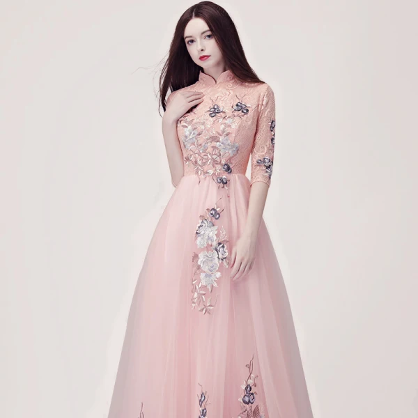 Chinese style Pearl Pink Evening Dresses  2018 A-Line / Princess High Neck 1/2 Sleeves Appliques Lace Floor-Length / Long Ruffle Formal Dresses
