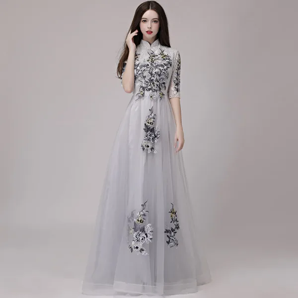 Chinese style Pearl Pink Evening Dresses  2018 A-Line / Princess High Neck 1/2 Sleeves Appliques Lace Floor-Length / Long Ruffle Formal Dresses
