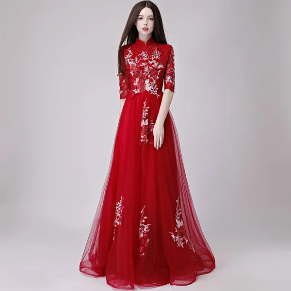Chinese style Pearl Pink Evening Dresses  2018 A-Line / Princess High Neck 1/2 Sleeves Appliques Lace Floor-Length / Long Ruffle Formal Dresses