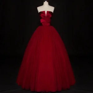 Moderne Mode Rouge Robe De Bal 2019 Robe Boule Bustier Sans Manches Longue Volants Dos Nu Robe De Ceremonie