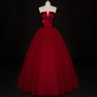 Moderne Mode Rouge Robe De Bal 2019 Robe Boule Bustier Sans Manches Longue Volants Dos Nu Robe De Ceremonie