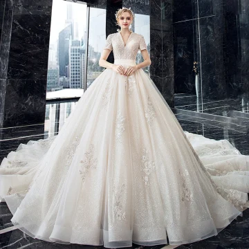 Luxury Gorgeous Champagne Wedding Dresses 2020 Ball Gown V Neck Short Sleeve Backless Glitter Tulle Appliques Lace Beading Cathedral Train Ruffle