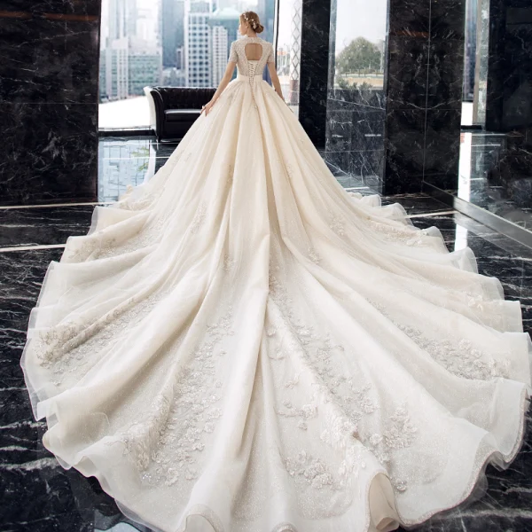 Luxury / Gorgeous Champagne Wedding Dresses 2020 Ball Gown V-Neck Short Sleeve Backless Glitter Tulle Appliques Lace Beading Cathedral Train Ruffle