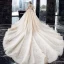 Luxury / Gorgeous Champagne Wedding Dresses 2020 Ball Gown V-Neck Short Sleeve Backless Glitter Tulle Appliques Lace Beading Cathedral Train Ruffle