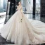 Luxury / Gorgeous Champagne Wedding Dresses 2020 Ball Gown V-Neck Short Sleeve Backless Glitter Tulle Appliques Lace Beading Cathedral Train Ruffle