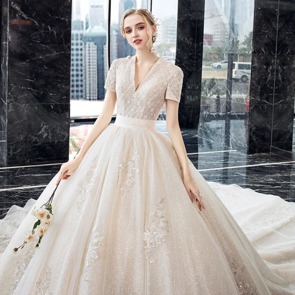 Luxury / Gorgeous Champagne Wedding Dresses 2020 Ball Gown V-Neck Short Sleeve Backless Glitter Tulle Appliques Lace Beading Cathedral Train Ruffle