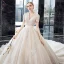 Luxury / Gorgeous Champagne Wedding Dresses 2020 Ball Gown V-Neck Short Sleeve Backless Glitter Tulle Appliques Lace Beading Cathedral Train Ruffle