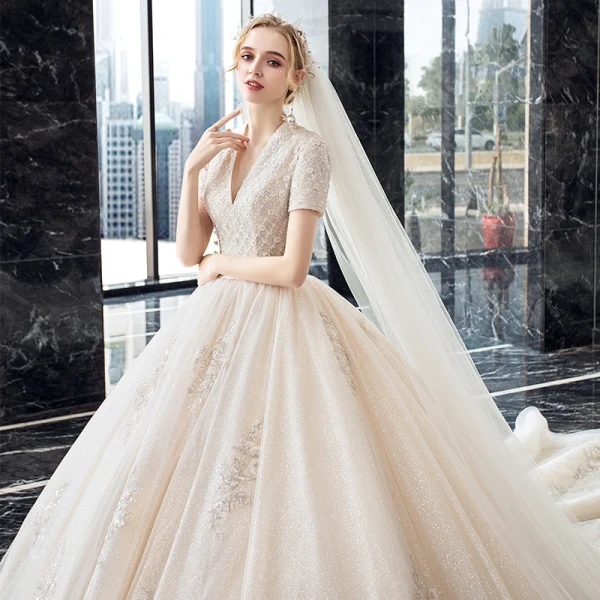 Luxury / Gorgeous Champagne Wedding Dresses 2020 Ball Gown V-Neck Short Sleeve Backless Glitter Tulle Appliques Lace Beading Cathedral Train Ruffle