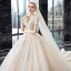 Luxury / Gorgeous Champagne Wedding Dresses 2020 Ball Gown V-Neck Short Sleeve Backless Glitter Tulle Appliques Lace Beading Cathedral Train Ruffle