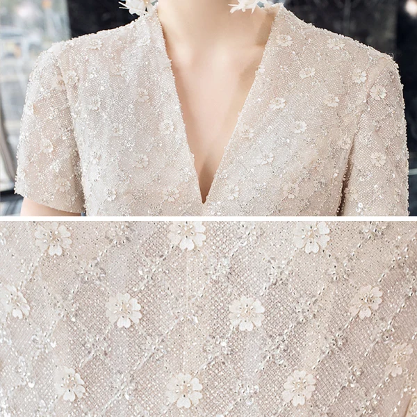 Luxury / Gorgeous Champagne Wedding Dresses 2020 Ball Gown V-Neck Short Sleeve Backless Glitter Tulle Appliques Lace Beading Cathedral Train Ruffle