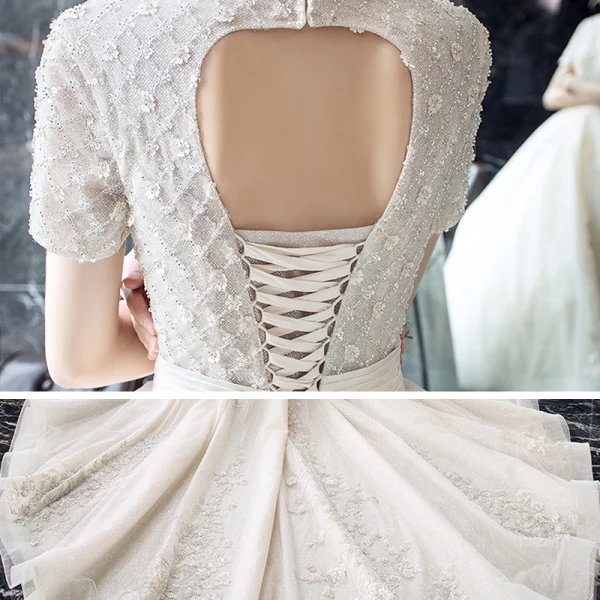 Luxury / Gorgeous Champagne Wedding Dresses 2020 Ball Gown V-Neck Short Sleeve Backless Glitter Tulle Appliques Lace Beading Cathedral Train Ruffle