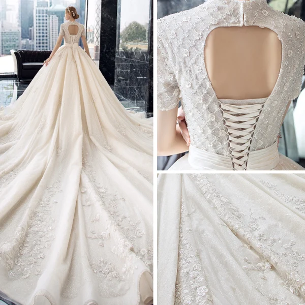 Luxury / Gorgeous Champagne Wedding Dresses 2020 Ball Gown V-Neck Short Sleeve Backless Glitter Tulle Appliques Lace Beading Cathedral Train Ruffle