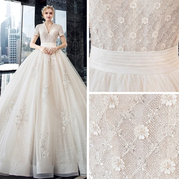Luxury / Gorgeous Champagne Wedding Dresses 2020 Ball Gown V-Neck Short Sleeve Backless Glitter Tulle Appliques Lace Beading Cathedral Train Ruffle