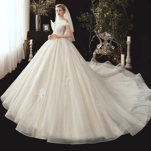 Chic / Beautiful Ivory Wedding Dresses 2020 Ball Gown Off-The-Shoulder Short Sleeve Backless Glitter Organza Appliques Lace Beading Chapel Train Ruffle