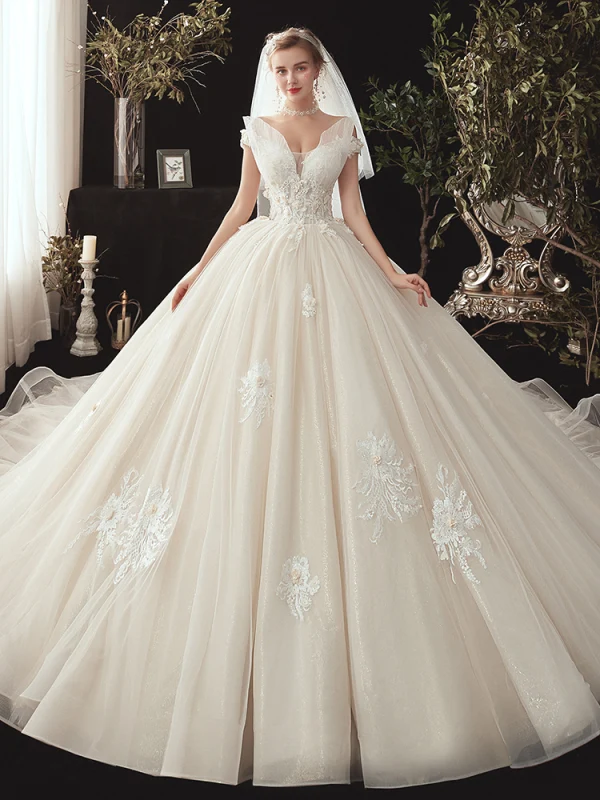 Chic / Beautiful Ivory Wedding Dresses 2020 Ball Gown Off-The-Shoulder Short Sleeve Backless Glitter Organza Appliques Lace Beading Chapel Train Ruffle