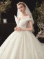Chic / Beautiful Ivory Wedding Dresses 2020 Ball Gown Off-The-Shoulder Short Sleeve Backless Glitter Organza Appliques Lace Beading Chapel Train Ruffle