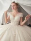 Chic / Beautiful Ivory Wedding Dresses 2020 Ball Gown Off-The-Shoulder Short Sleeve Backless Glitter Organza Appliques Lace Beading Chapel Train Ruffle