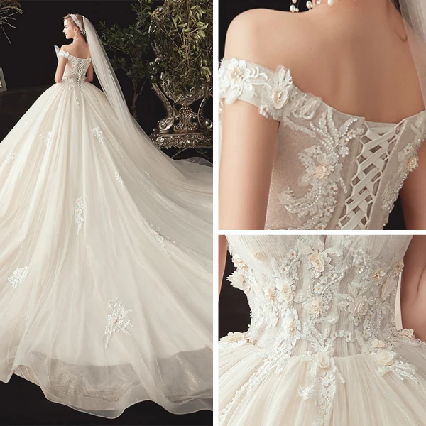 Chic / Beautiful Ivory Wedding Dresses 2020 Ball Gown Off-The-Shoulder Short Sleeve Backless Glitter Organza Appliques Lace Beading Chapel Train Ruffle