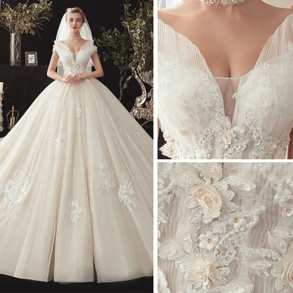 Chic / Beautiful Ivory Wedding Dresses 2020 Ball Gown Off-The-Shoulder Short Sleeve Backless Glitter Organza Appliques Lace Beading Chapel Train Ruffle
