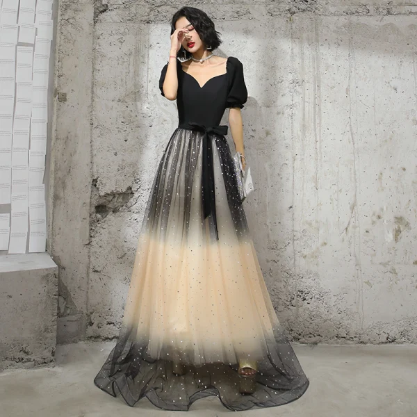 Elegant Prom Dresses 2017 Off The Shoulder Ruffle Black Champagne Tulle  Dress