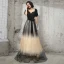 Elegant Black Gradient-Color Champagne Evening Dresses  2020 A-Line / Princess V-Neck Puffy Short Sleeve Sash Glitter Tulle Floor-Length / Long Ruffle Backless Formal Dresses