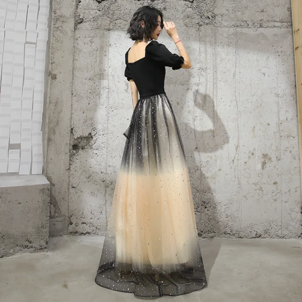 Elegant Black Gradient-Color Champagne Evening Dresses  2020 A-Line / Princess V-Neck Puffy Short Sleeve Sash Glitter Tulle Floor-Length / Long Ruffle Backless Formal Dresses