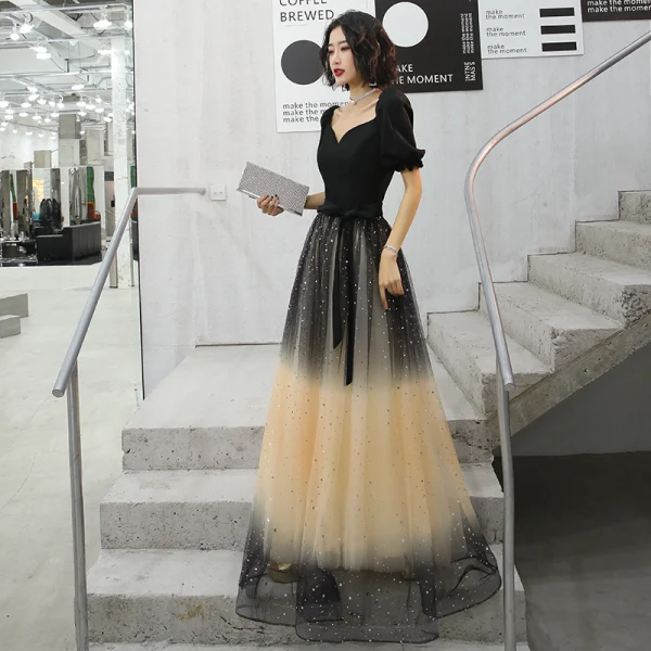 Elegant Black Gradient-Color Champagne Evening Dresses  2020 A-Line / Princess V-Neck Puffy Short Sleeve Sash Glitter Tulle Floor-Length / Long Ruffle Backless Formal Dresses