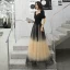 Elegant Black Gradient-Color Champagne Evening Dresses  2020 A-Line / Princess V-Neck Puffy Short Sleeve Sash Glitter Tulle Floor-Length / Long Ruffle Backless Formal Dresses