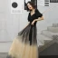 Elegant Black Gradient-Color Champagne Evening Dresses  2020 A-Line / Princess V-Neck Puffy Short Sleeve Sash Glitter Tulle Floor-Length / Long Ruffle Backless Formal Dresses
