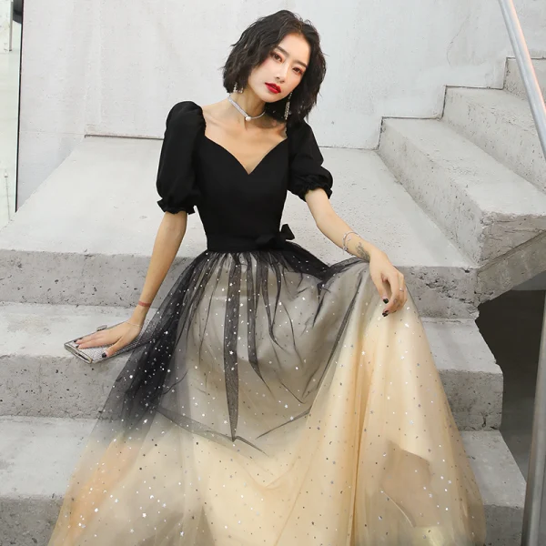 Elegant Black Gradient-Color Champagne Evening Dresses  2020 A-Line / Princess V-Neck Puffy Short Sleeve Sash Glitter Tulle Floor-Length / Long Ruffle Backless Formal Dresses