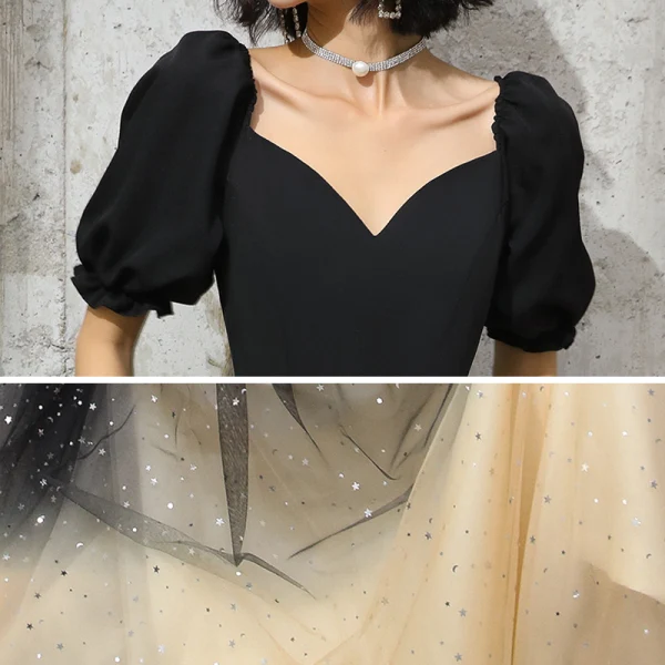Elegant Black Gradient-Color Champagne Evening Dresses  2020 A-Line / Princess V-Neck Puffy Short Sleeve Sash Glitter Tulle Floor-Length / Long Ruffle Backless Formal Dresses