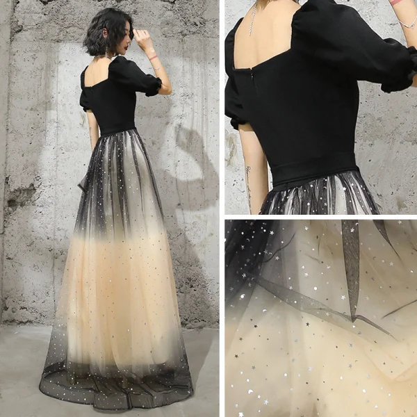 Elegant Black Gradient-Color Champagne Evening Dresses  2020 A-Line / Princess V-Neck Puffy Short Sleeve Sash Glitter Tulle Floor-Length / Long Ruffle Backless Formal Dresses